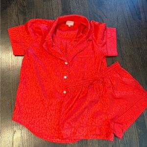 Show Me Your Mumu Silky Pajama Set Small Red Cheetah Print Button Down Shorts